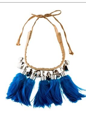 Tory Burch Blue Feather Tassel Necklace with Silver Accents